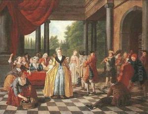 Elegant company dancing and feasting on a terrace
