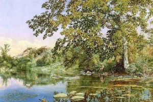 River Landscape with Boy Fishing by John Hill
