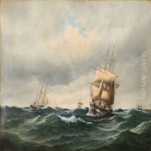 Seascape With Several Ships On Open Sea by Carl Ludwig Bille