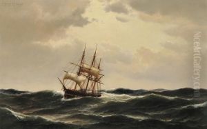 A Masted Ship In Stormy Waters by Carl Ludwig Bille