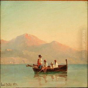 Quiet Afternoon Withfishermen On The Bay Of Naples, In The Background Vesuvius