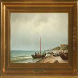 Coastal Scenery Withfisherman And Boats On The Beach by Carl Ludwig Bille