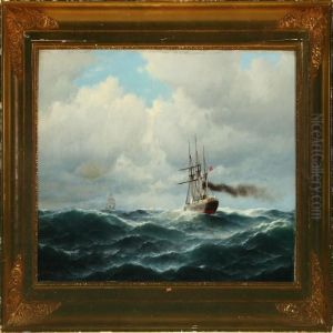 Seascape With Steamer And Sailing Ship by Carl Ludwig Bille