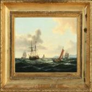 Coastal Scenery With Several Ships At Sea by Carl Ludwig Bille