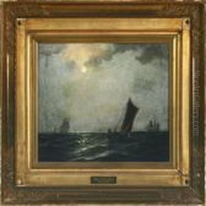 Marine With Sailing Ships In The Moonlight by Carl Ludwig Bille