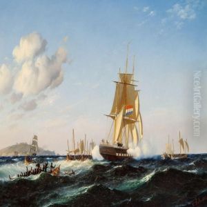 Seascape With A Dutch Brig Being Welcomed By The Locals by Carl Ludwig Bille