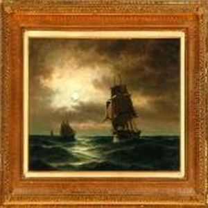 A Frigate In The North Seaby Moonlight by Carl Ludwig Bille