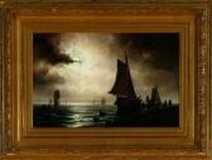 Sailing Ships Are Loaded From The Beach In Moonlight by Carl Ludwig Bille