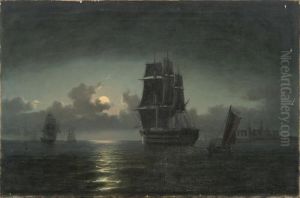 Marine, Ships In Moonlight by Carl Ludwig Bille