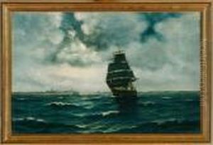 A Danish Marine With A Barque Along The Coast Of Elsinore Castle In The Moonlight