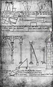 Geometrical figures for construction, arches and man measuring the height of a tower by Villard De Honnecourt