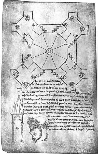 Facsimile copy of a plan of the tower of Laon Cathedral, the head of a bearded man and a Gothic window - view 1