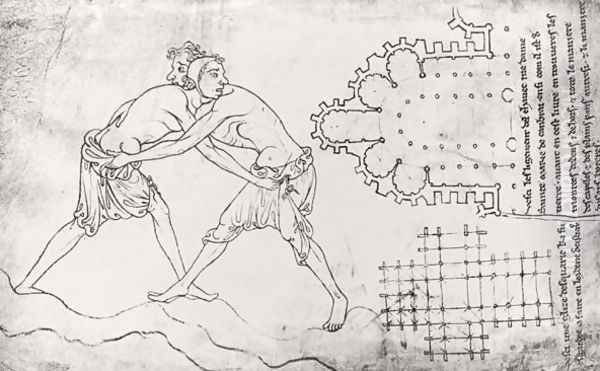 Two wrestlers, plan of a Cistercian church and plan of the choir of Notre-Dame de Cambrai - view 1