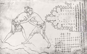 Two wrestlers, plan of a Cistercian church and plan of the choir of Notre-Dame de Cambrai by Villard De Honnecourt