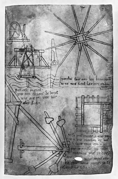 Various engines and instruments: under water sawing machine for piles, wheel embrasure, straightening up strut for leaning house, short wooden pieces assembling model - view 1