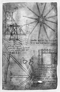 Various engines and instruments: under water sawing machine for piles, wheel embrasure, straightening up strut for leaning house, short wooden pieces assembling model by Villard De Honnecourt