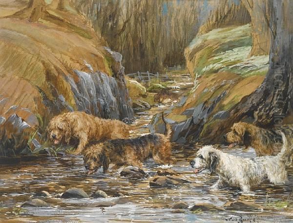 Four Otterhounds Wading In A Stream - view 1