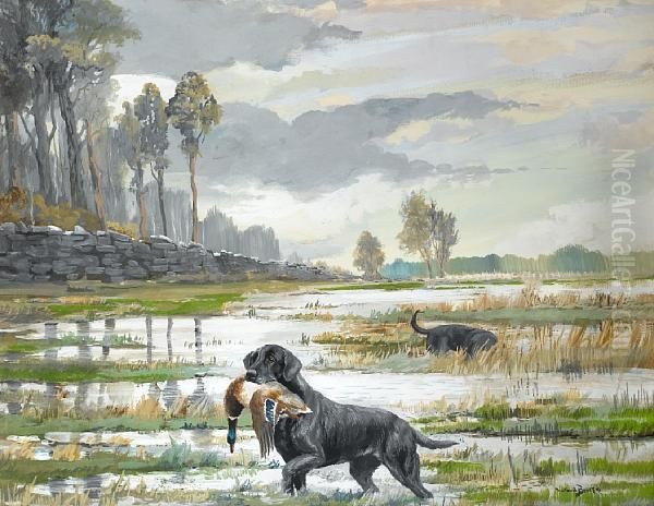 Black Retriever With Duck - view 1