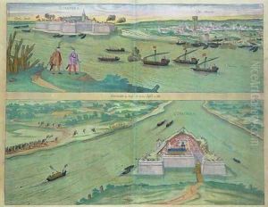 Two Views of Comorra from Civitates Orbis Terrarum by Joris Hoefnagel