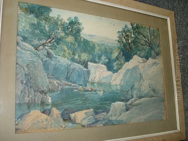 Figures Rowing In A Rocky Lake - view 1