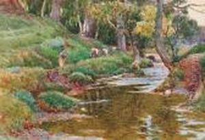 A Girl Herding Cows By A Riverbank
