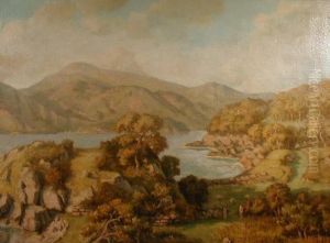 A Lake And Mountain Landscape With Sheep In The Foreground by Samuel John Lamorna Birch