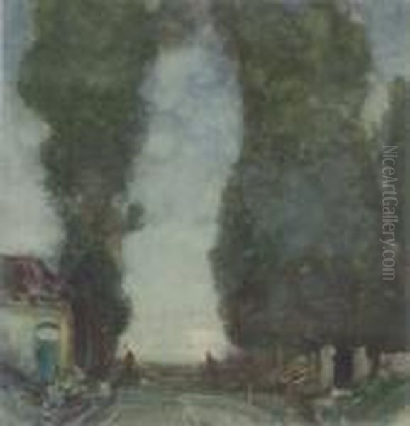 Italianate Landscape With Poplar Trees Signed 14 X 13.75in - view 1