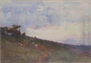 Sheep On A Hillside At Sunset Signed And Dated 1896 5 X 7.5in Sheep On A Hillside At Sunset Signed And Dated 1896 5 X 7.5in