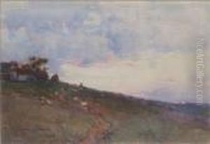 Sheep On A Hillside At Sunset by Samuel John Lamorna Birch