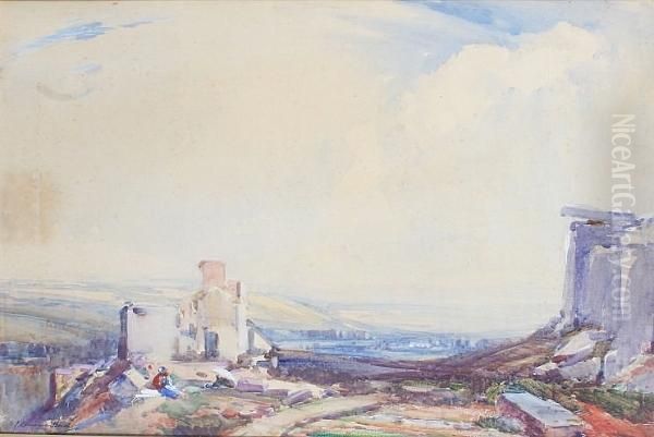 Figures By A Building, Hills Beyond 's.j. Lamorna Birch' - view 1