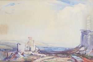 Figures By A Building, Hills Beyond 's.j. Lamorna Birch' by Samuel John Lamorna Birch
