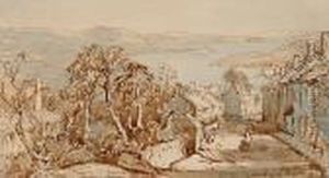 Street Scene With View To A Lake. by Samuel John Lamorna Birch
