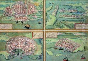 Map of Calais Malta Rhodes and Famagusta from Civitates Orbis Terrarum by Joris Hoefnagel