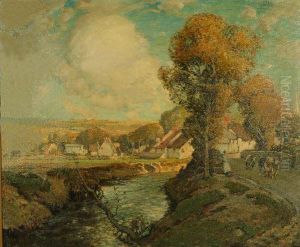 A Bystander And Cattle On A 
Country Path Beside A River With Village In The Distance, Signed