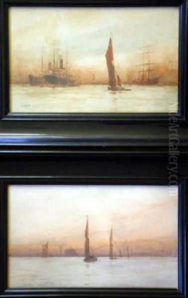 Pair Of Watercolours 'off 
Rotherhithe' &amp; 'out With Wind And Tide, Off Limehouse' Signed And 
Dated 1915 6.5 X 10.75in - view 1