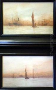 Pair Of Watercolours 'off 
Rotherhithe' &amp; 'out With Wind And Tide, Off Limehouse' Signed And 
Dated 1915 6.5 X 10.75in
