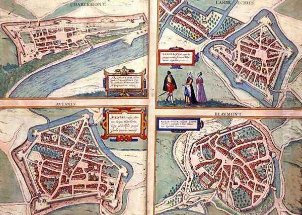 Maps of Charlemont Landrechies Avesnes and Beaumont from Civitates Orbis Terrarum - view 1