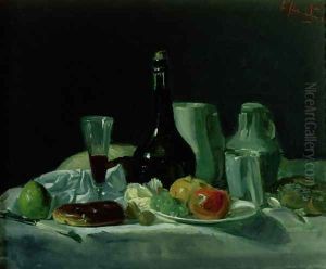 Still Life Bottle and Fruit by George Leslie Hunter