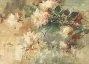 Glass Vase With White Roses by Franz Bischoff
