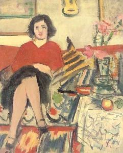 Girl in a red pullover, seated on sofa, and flowers, recto by George Leslie Hunter