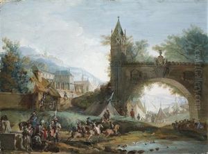 A Landscape With Mounted Soldiers And An Arched Bridge