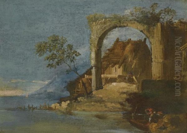 A Capriccio Fluvial Landscape With Figures In A Boat In The Foreground - view 1