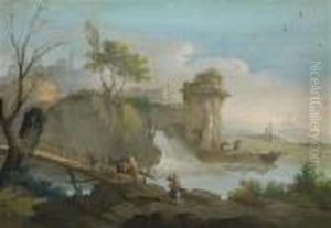 A Landscape With Travellers And Awaterfall by Giuseppe Bernardino Bison