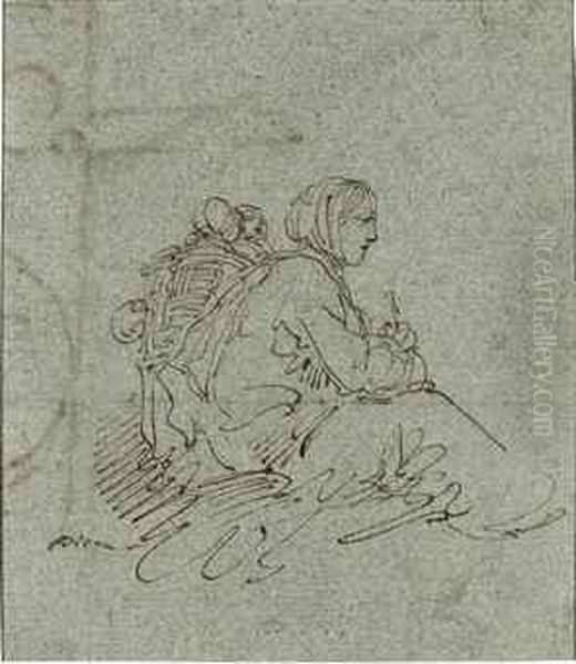 A Seated Woman With Two Children Carried In A Shawl On Her Back - view 1