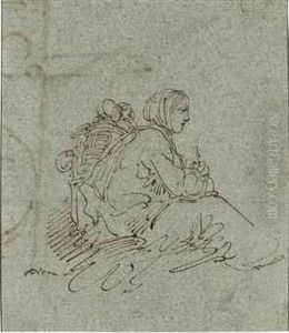 A Seated Woman With Two Children Carried In A Shawl On Her Back