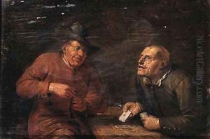 Boors playing cards at a table by Egbert van, the Younger Heemskerck