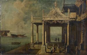 Promeneurs Orientaux Dans Un Palais Classique Devant La Mer