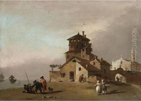 Veduta Di Citta Con Chiesa Ed Edificio Turrito, Con Figure E
Imbarcazioni Fuori Dalle Mura - view 1