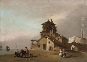 Veduta Di Citta Con Chiesa Ed Edificio Turrito, Con Figure E
Imbarcazioni Fuori Dalle Mura thumbnail