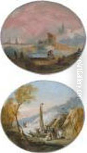 Pair Of Oval Capriccio 
Landscapes With Figures By A Lake, One Witha Bridge And Buildings, The 
Other With Straw Huts Near The Shoreand Both With Boats - view 1